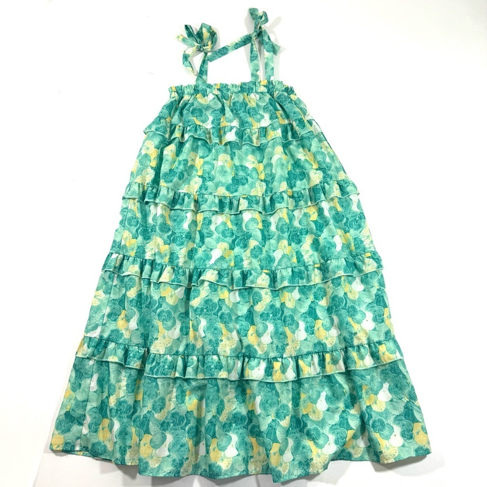 THML Tie Shoulder Midi Dress Tiered Green Yellow Print